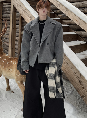 Med老叔 秋冬老钱风翻领廓形宽松短款毛呢夹克高智感休闲外套男潮