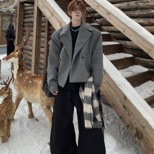 Med老叔 毛呢夹克高智感休闲外套男潮 秋冬老钱风翻领廓形宽松短款