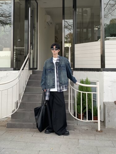 不规则拼接假两件牛仔外套男