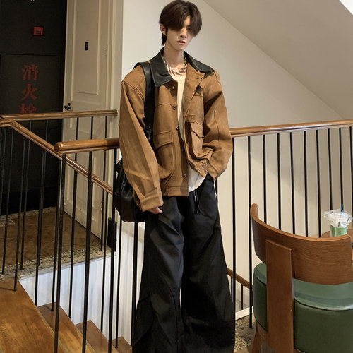 美拉德风男短款工装翻领机车夹克