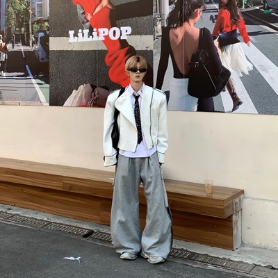 翻领春秋宽松立领线条垫肩夹克男