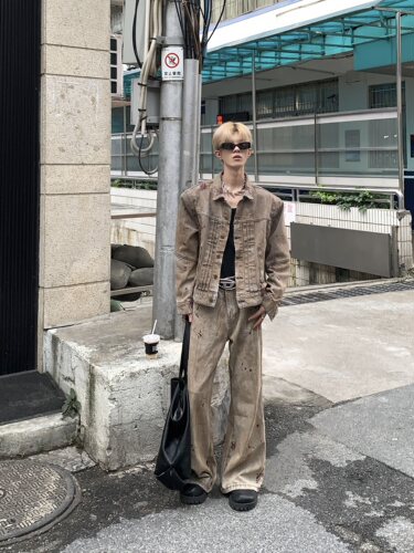 解构廓形垫肩牛仔外套宽松上衣