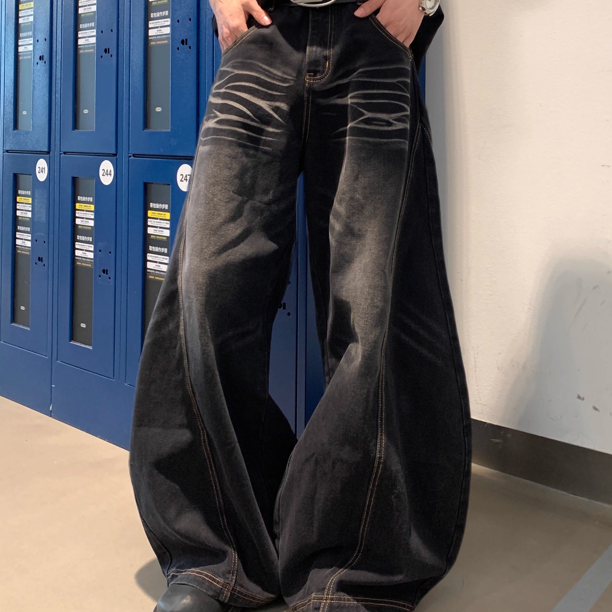 Med老叔 美式立体裁剪廓形水洗牛仔裤男女宽松阔腿垂感拖地长裤潮,男装,牛仔裤,淘宝优惠券,粉丝福利购,淘宝优惠卷