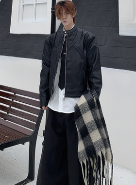 Med老叔 原创立体解构黑色PU皮夹克男短款宽松机车外套秋冬季皮衣