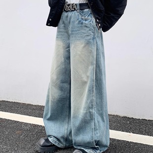 休闲百搭baggy牛仔裤 宽松洗水炒盐做旧长裤 原创男女同款 Med老叔