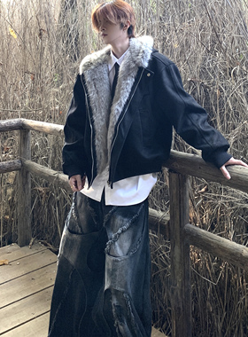 Med老叔 原创美式复古哈灵顿毛领座山雕连帽棉服加厚bomber夹克潮