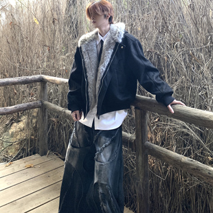 Med老叔 复古哈灵顿毛领座山雕连帽棉服加厚bomber夹克潮 原创美式