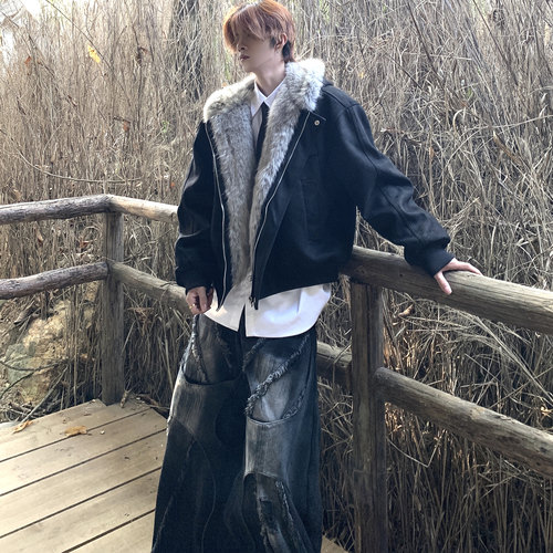毛领座山雕连帽棉服厚bomber夹克
