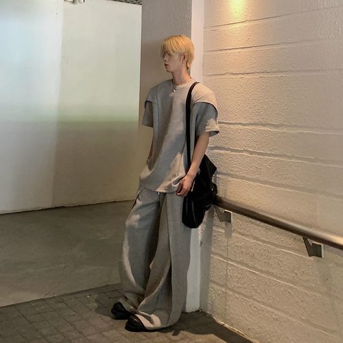 解构裁剪垫肩短袖T恤套装男