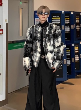 Med老叔 小众扎染艺术设计感羊羔毛夹棉拼色外套高级感毛绒夹克潮