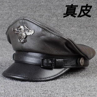 秋冬季真皮帽子男士牛皮平顶帽德国船长帽中年机车皮帽女潮朋克风