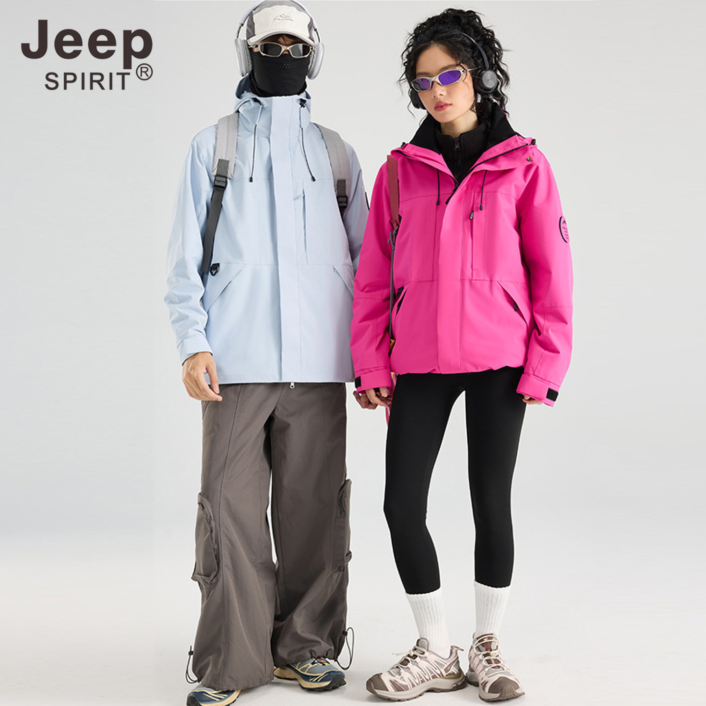 JEEP SPIRIT男女款冲锋衣宽松连帽夹克户外防风休闲运动冲锋外套