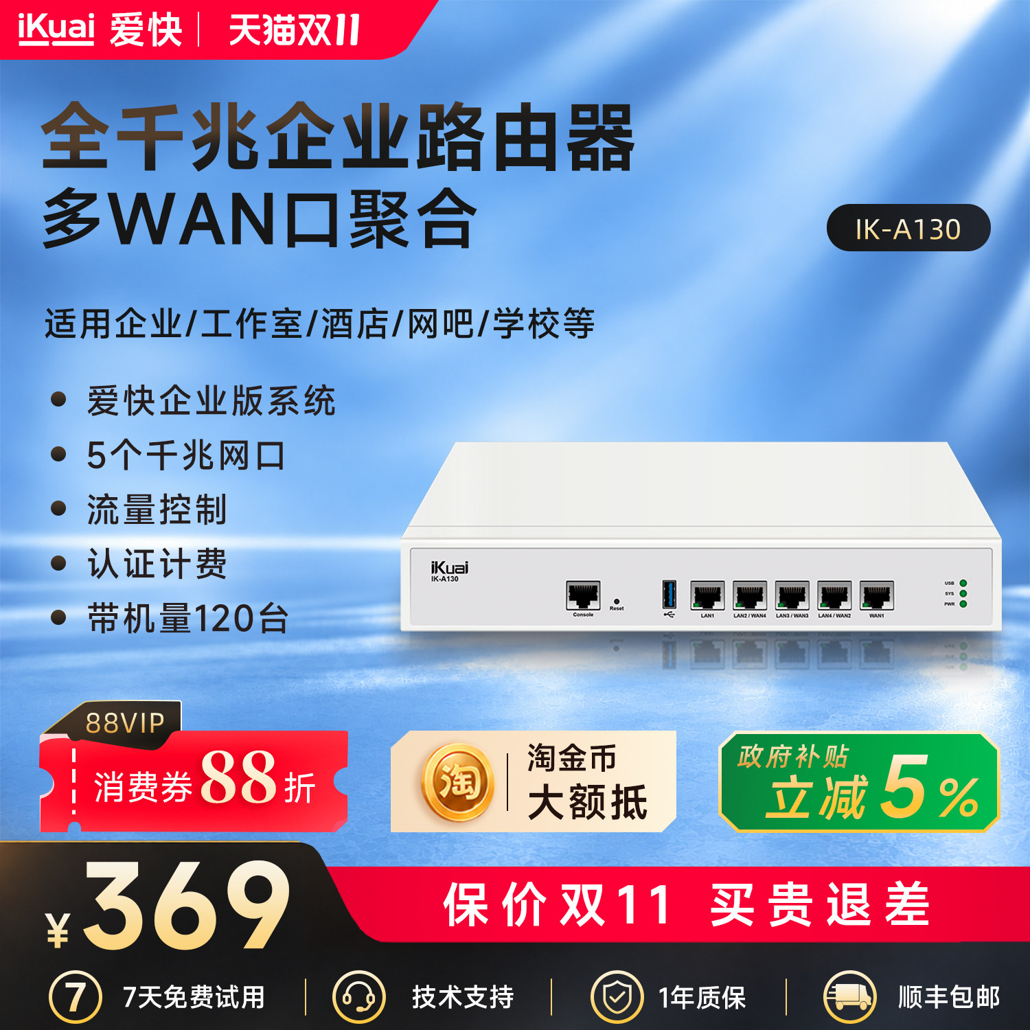 爱快企业级有线路由器5口高速千兆网关2.5G多WAN口宽带叠加行为管理远程办公ac+ap组网支持IPv6 A130