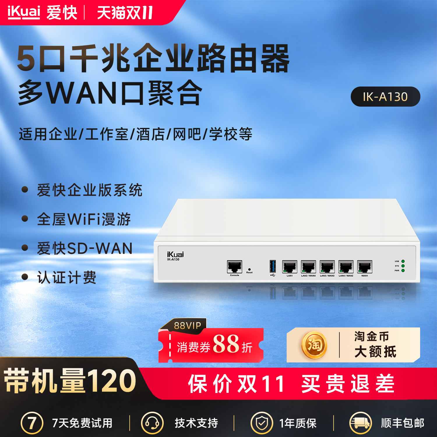 爱快企业级有线路由器5口高速千兆网关2.5G多WAN口宽带叠加行为管理远程办公ac+ap组网支持IPv6 A130
