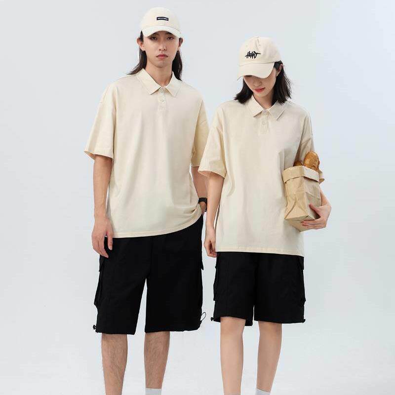 男女同款纯棉宽松polo衫美式复古上衣夏季新款短袖纯色T恤情侣装