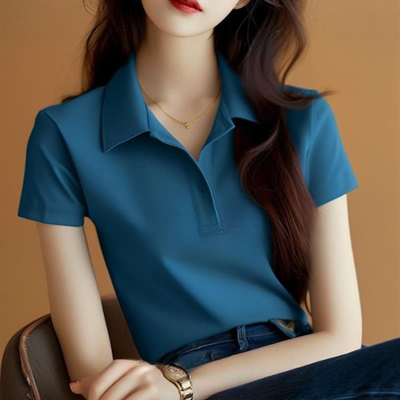 蓝色Polo衫短袖t恤女2024年夏季爆款简约通勤洋气衬衫欧洲站上衣
