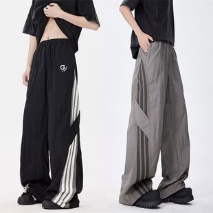 褲 2024夏季 條紋休閑傘兵褲 男女寬松闊腿直筒街舞速干運(yùn)動(dòng)沖鋒工裝