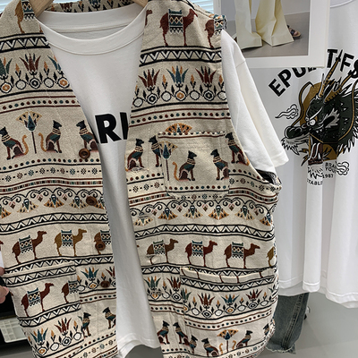 双面提花重磅复古民族风V领休闲马甲日系男女小外套潮