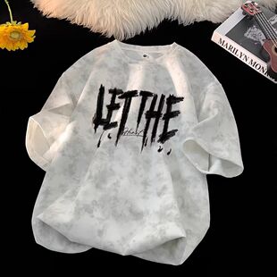 美式高街复古做旧水洗扎染短袖T恤男款重磅夏季潮牌半袖大码上衣