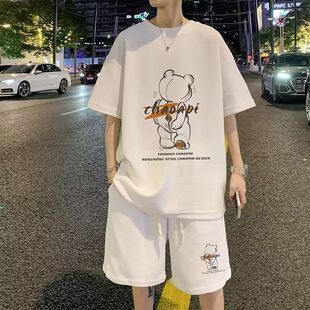 夏季扎染脏脏短裤套装搭配短袖T恤男士青少年宽松休闲运动五分裤