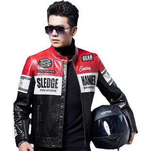 2026新款秋冬男士牛皮皮衣撞色系立领休闲时尚真皮修身外套机车服