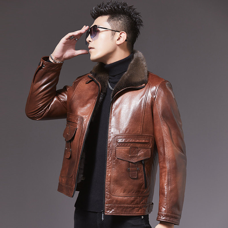 水貂内胆翻领山羊皮皮衣男