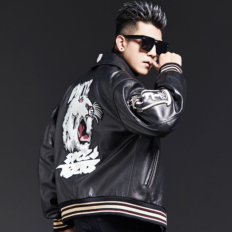 2026新款机车服羊皮皮衣男士真皮夹克老虎刺绣加厚宽松休闲外套潮