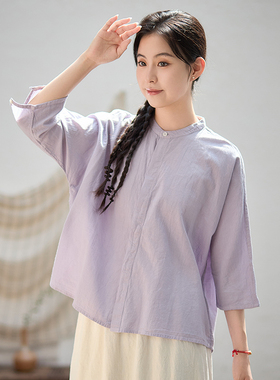 【照本堂】早秋舒适面料棉麻女装衬衫30支立领七分袖上衣女W12542
