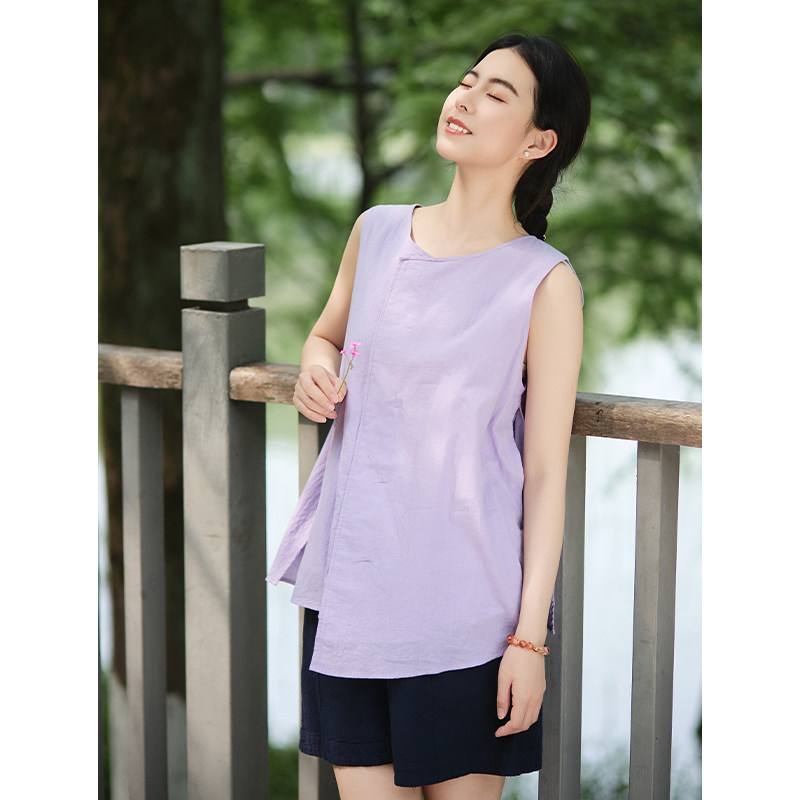 【照本堂】2026夏季新款中式40支棉麻女装简约斜襟马甲W12984