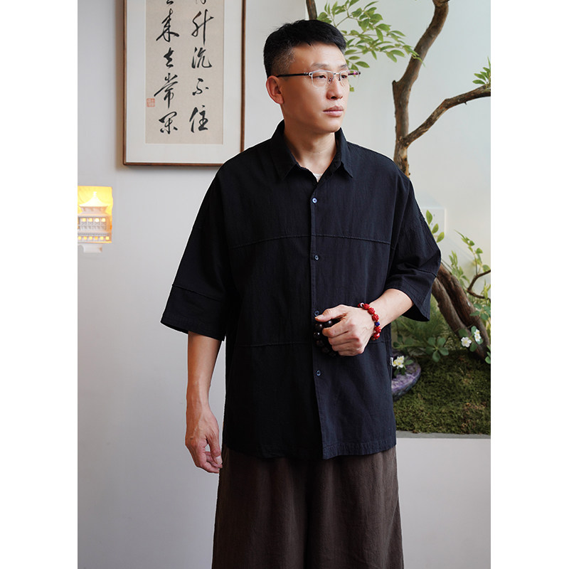 【照本堂】2026夏季新款棉麻男装20支拼接短袖衬衫M12939