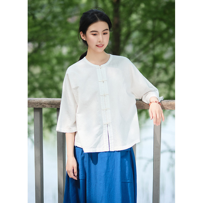 【照本堂】2026夏季新款棉麻女装30支简约新中式七分袖上衣W12974