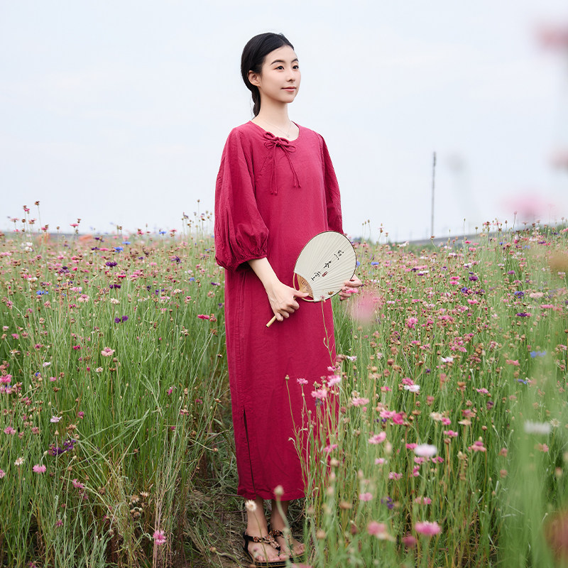 【照本堂】夏季新款棉麻连衣裙30支圆领蝴蝶结盘扣中式长裙W32496,女装/女士精品,连衣裙,淘宝优惠券,粉丝福利购,淘宝优惠卷