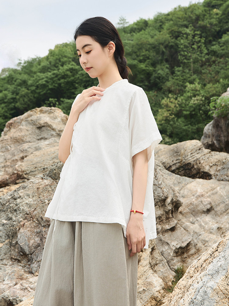 [ZHAOHONDO WOMENS CLOTHING] NEW HIGH-END COTTON LINEN LINEN 30 SMALL STAND UP COLLAR TIE TOP WOMENS W12483