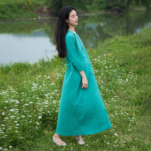 【照本堂】2025夏季新款新中式女装棉麻30支圆领盘扣袍子女W32710