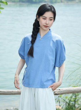 【照本堂】夏季新款高端亚麻女装30支立领斜襟系带棉麻上衣W12507