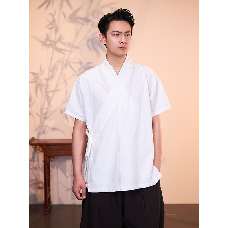 【照本堂】2026夏季新款男装20支棉麻系带短袖汉服M13009