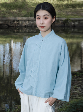 [照本堂]秋季新款棉麻上衣女新中式禅意茶服麻花扣亚麻衬衫W12422