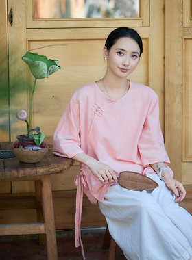 【照本堂】2025早秋新款舒适棉麻30支圆领盘扣五分袖上衣W12756