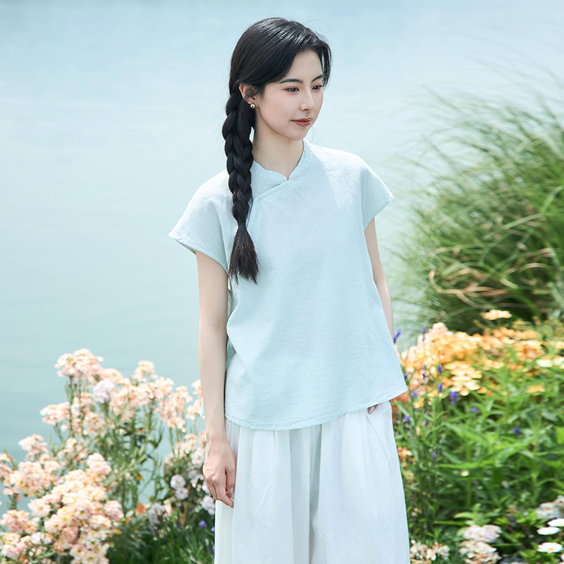 【照本堂】2025夏季新款新中式国风女装棉麻30支斜襟上衣女W12707