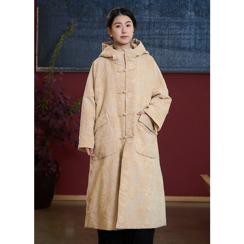 【照本堂】2025冬季新款女装新中式加厚风衣盘扣连帽长棉衣W12863