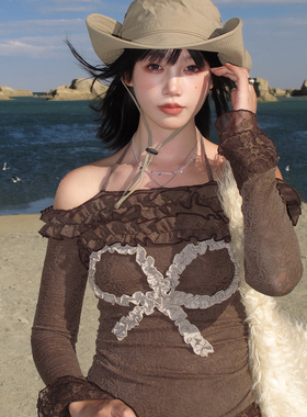 KeepBlue向野而生 挂脖蕾丝蝴蝶拼接针织一字肩上衣小众长袖t恤女