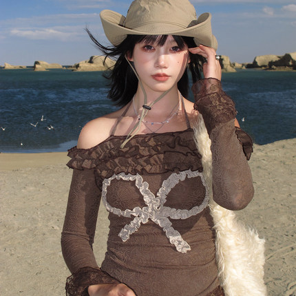 KeepBlue向野而生 挂脖蕾丝蝴蝶拼接针织一字肩上衣小众长袖t恤女