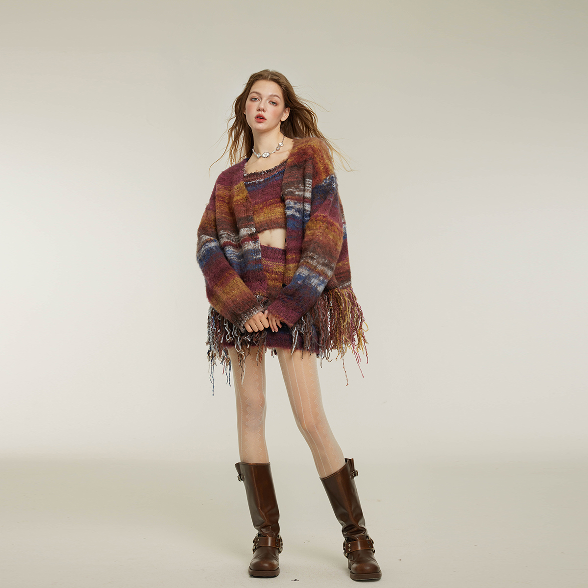 圈圈纱渐变彩虹针织套装