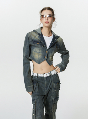 【现货】KeepBlue西部复古辣妹水洗做旧牛仔连帽外套工装裤两件套