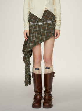 KeepBlue棕绿色不规则设计感格子半身裙春秋裙子高级感超好看半裙