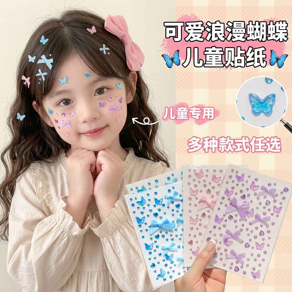 儿童钻石贴纸多种款式蝴蝶公主脸部装饰舞台妆2026新款六一节礼物水晶宝石贴女童装饰贴立体贴纸彩色可爱贴花