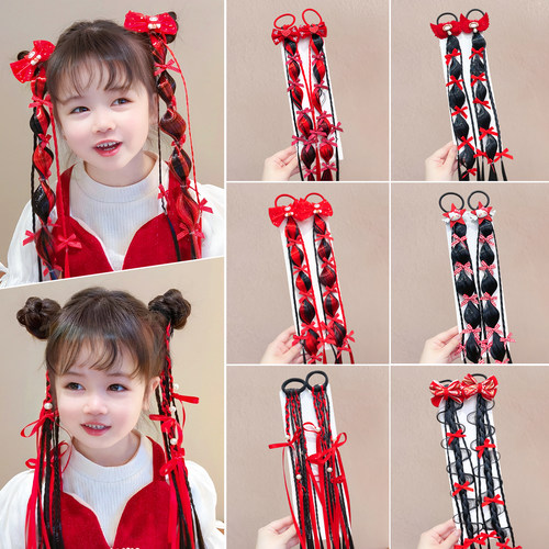 儿童红色新年卡通蝴蝶结假发辫发圈女童麻花辫皮筋过年小女孩头饰