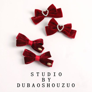 复古丝绒宝宝发卡新年红色爱心蝴蝶结夹子头饰发夹儿童公主顶夹