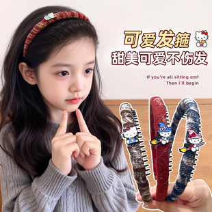儿童毛绒发箍复古红色女童kt猫头箍带齿防滑女孩碎发整理发卡头饰