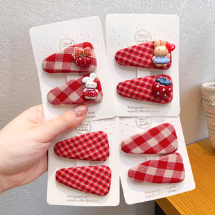 红色格子布艺发夹女童可爱卡通兔子樱桃三角形发卡子女孩bb夹头饰